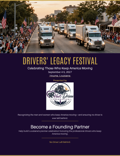 Drivers’ Legacy Festival brochure cover: truck parade, purple and gold branding, and Hart-Driven Foundation logo
